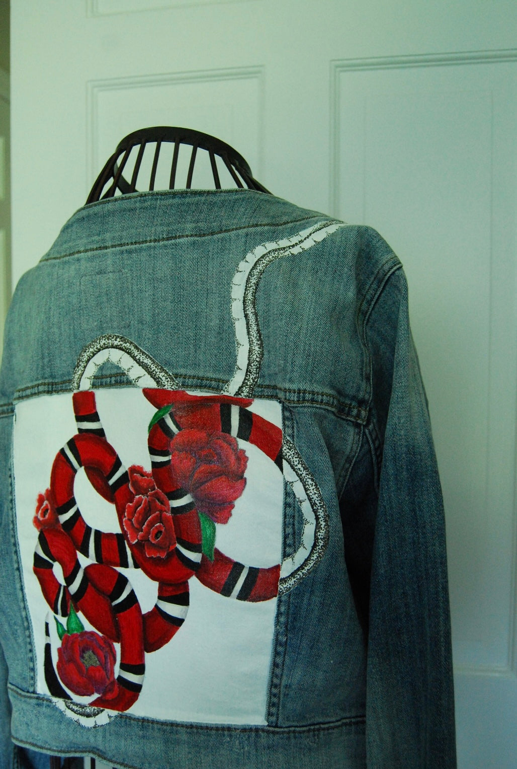 Hand Painted Cropped Denim Jacket - Red Roses and Snake Design.