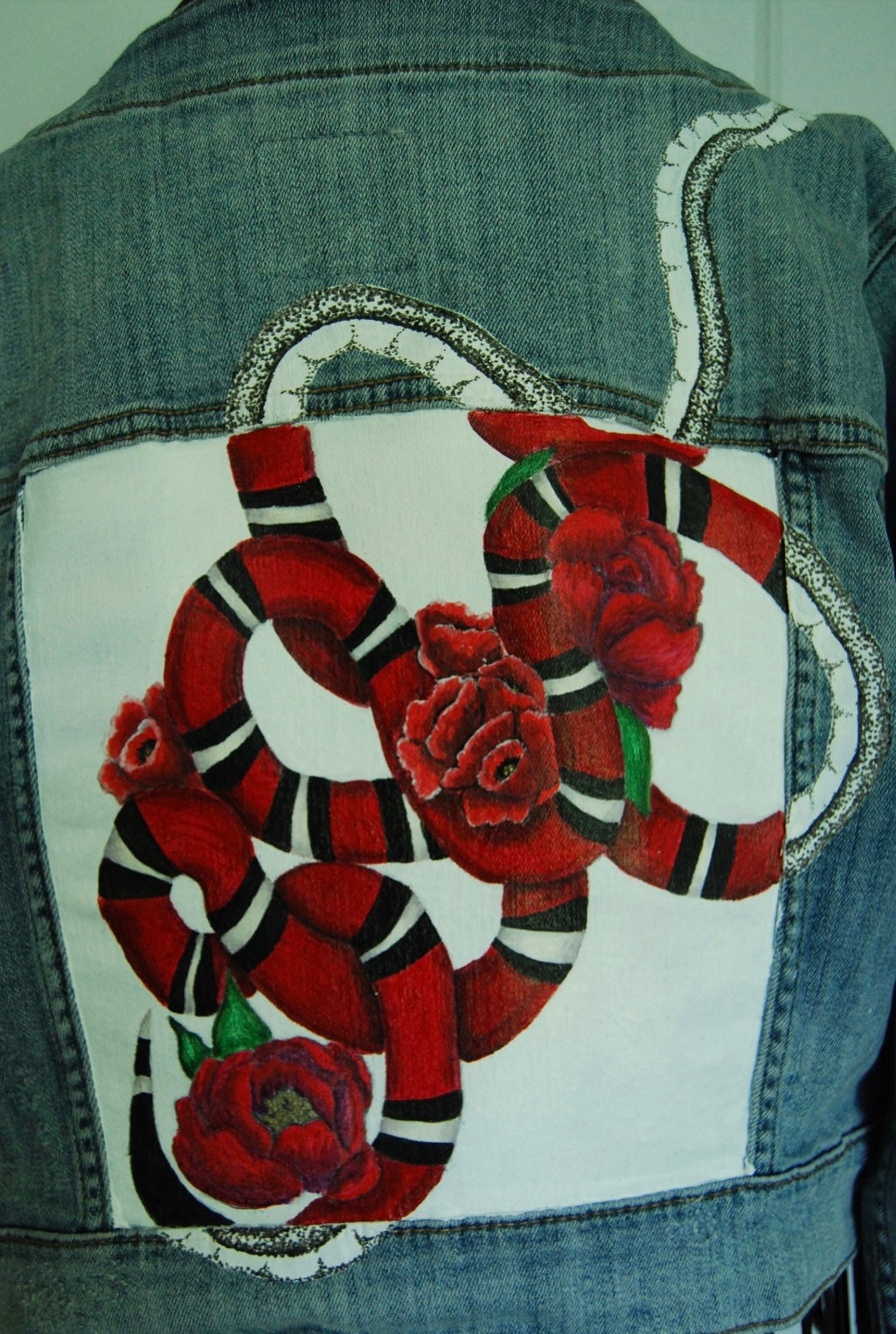 Hand Painted Cropped Denim Jacket - Red Roses and Snake Design.