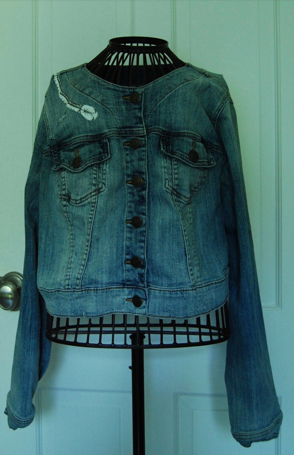 Hand Painted Cropped Denim Jacket - Red Roses and Snake Design.
