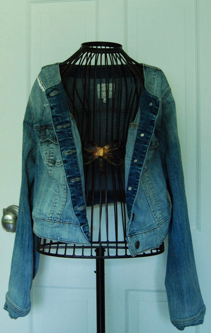 Hand Painted Cropped Denim Jacket - Red Roses and Snake Design.