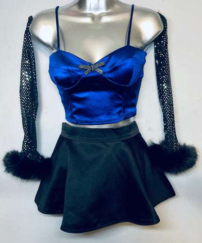 Electric Blue and Black Upcycled Corset, Skirt and Matching Sleeves Size Small Festival Rave Outfit