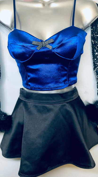 Electric Blue and Black Upcycled Corset, Skirt and Matching Sleeves Size Small Festival Rave Outfit