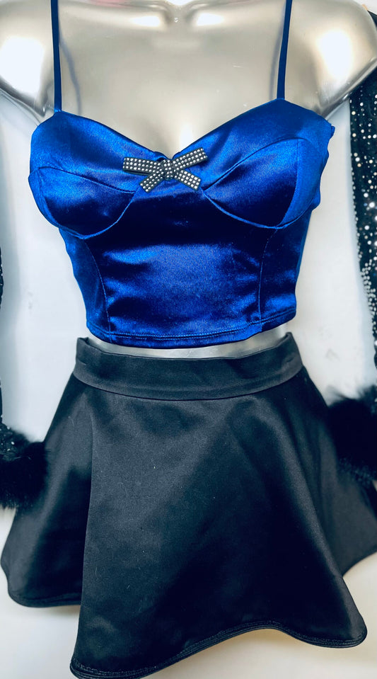 Electric Blue and Black Upcycled Corset, Skirt and Matching Sleeves Size Small Festival Rave Outfit