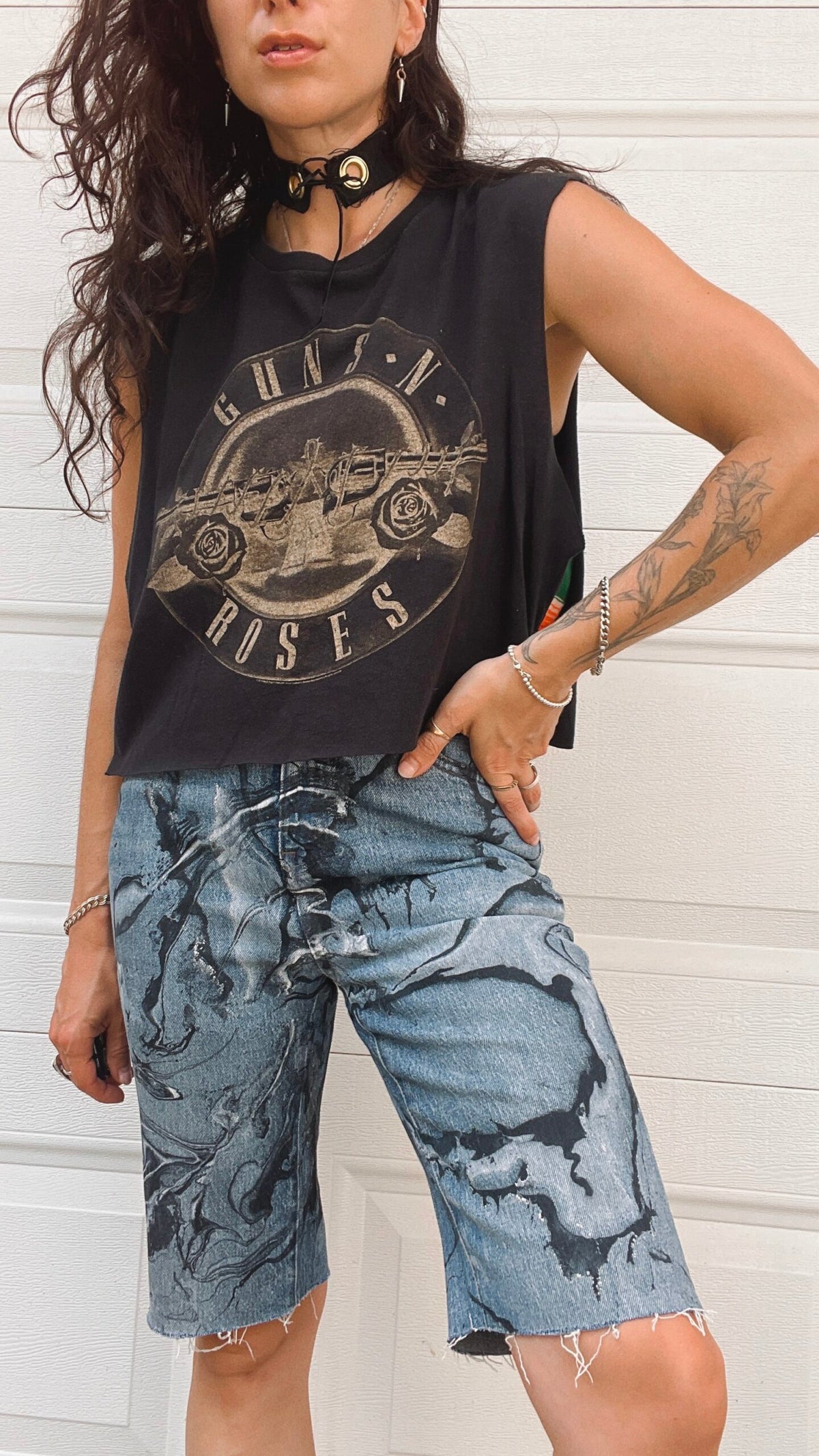 Marble Painted Denim Cut Off Shorts - 28"