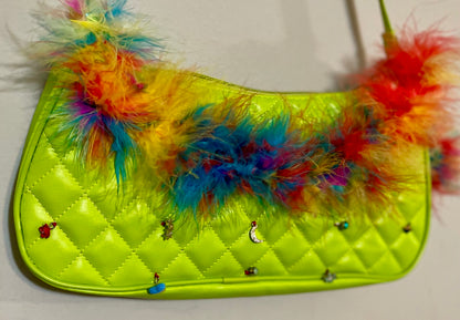 Lime Green Upcycled Mini Purse Multicolored Feathers & Upcycled Charms