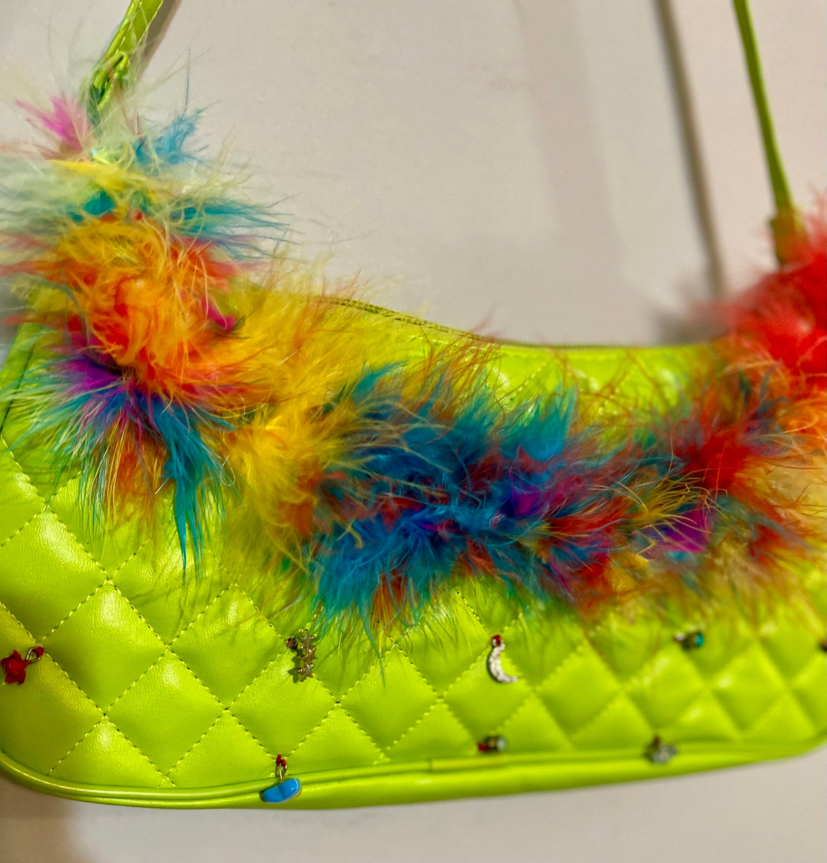 Lime Green Upcycled Mini Purse Multicolored Feathers & Upcycled Charms