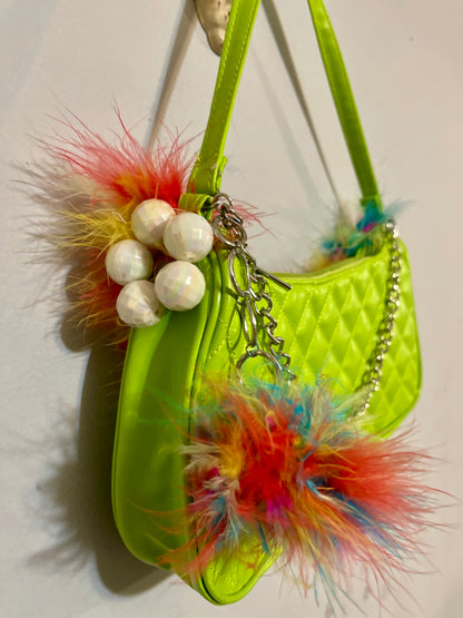 Lime Green Upcycled Mini Purse Multicolored Feathers & Upcycled Charms