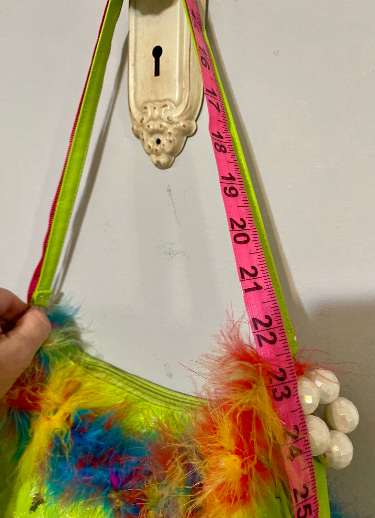 Lime Green Upcycled Mini Purse Multicolored Feathers & Upcycled Charms