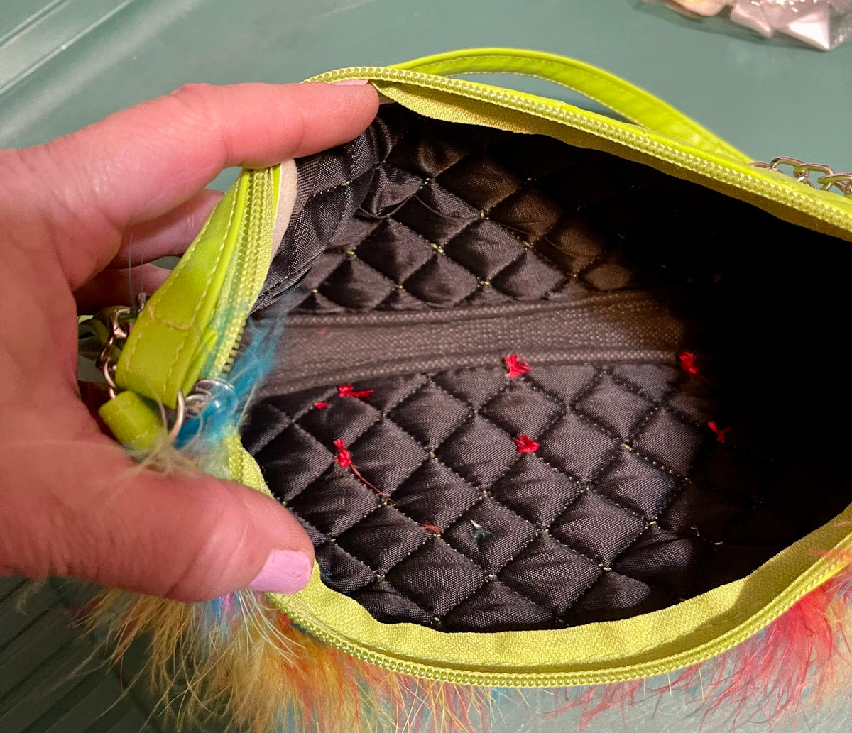 Lime Green Upcycled Mini Purse Multicolored Feathers & Upcycled Charms