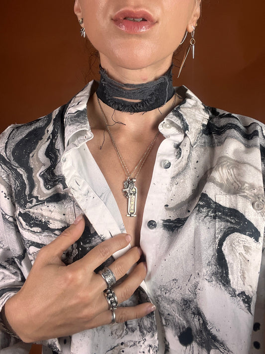Distressed Black Denim Reversible Choker