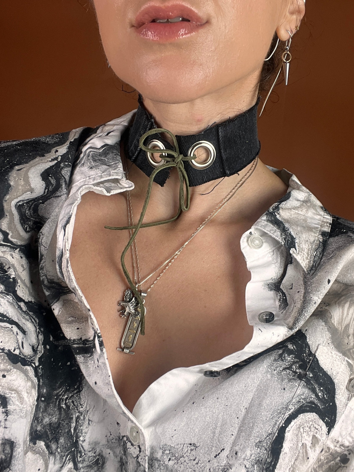Distressed Black Denim Reversible Choker
