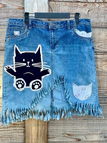 Paw-sitively Purr-fect Denim Kitty Cat Skirt