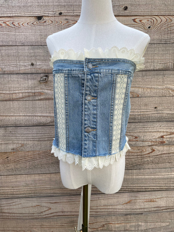 Easy on the Eyelet Denim Corset Crop Top with Lace