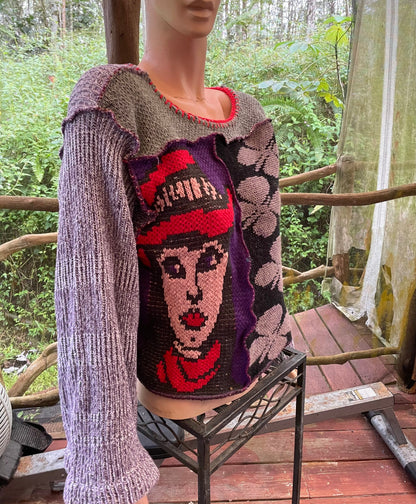 Patchwork sweater with face