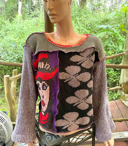 Patchwork sweater with face