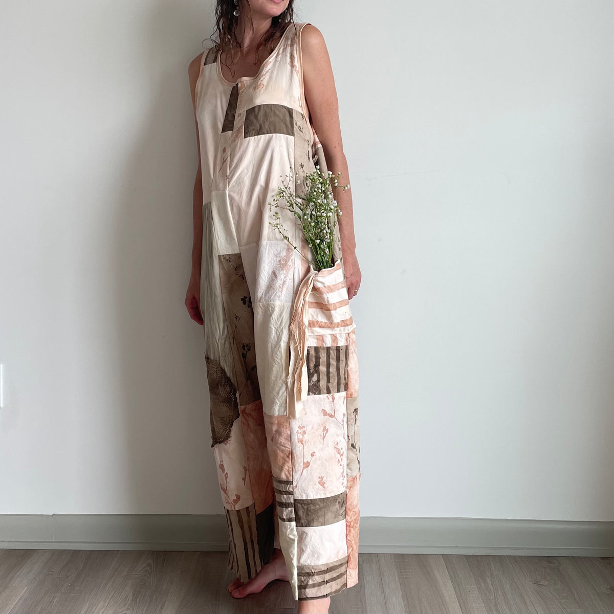 Patchwork Plant Dyed Jumpsuit - Brown, Pink, Olive