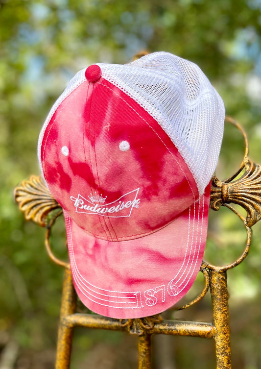 Custom Bleach Tie Dyed Vintage Budweiser Trucker Hat Red & White One Size Fits Most