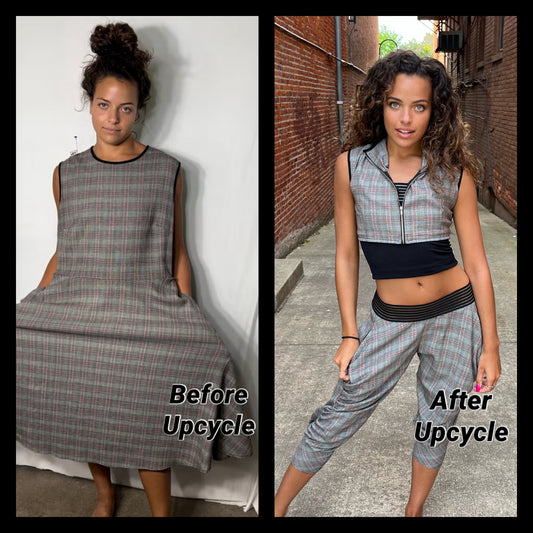 Before and after photos of a woman wearing a plaid dress.