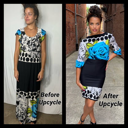 Before and after photos of a woman wearing a dress.