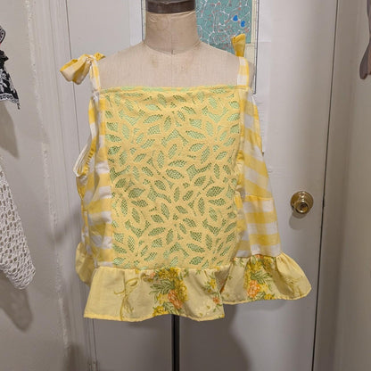 Yellow Lace and Floral Peplum Square Neck Top by BeedyMakes