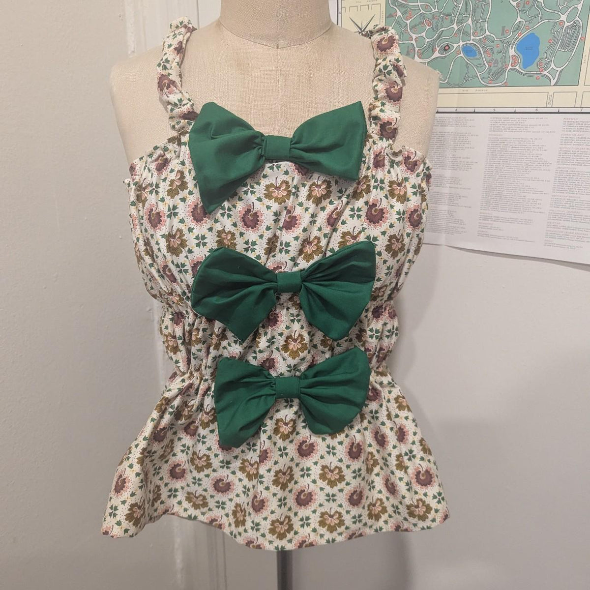 Green and Brown Leaf Print Bow Top by BeedyMakes
