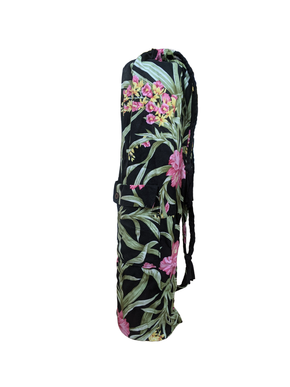 A black yoga bag with pink flowers on it.