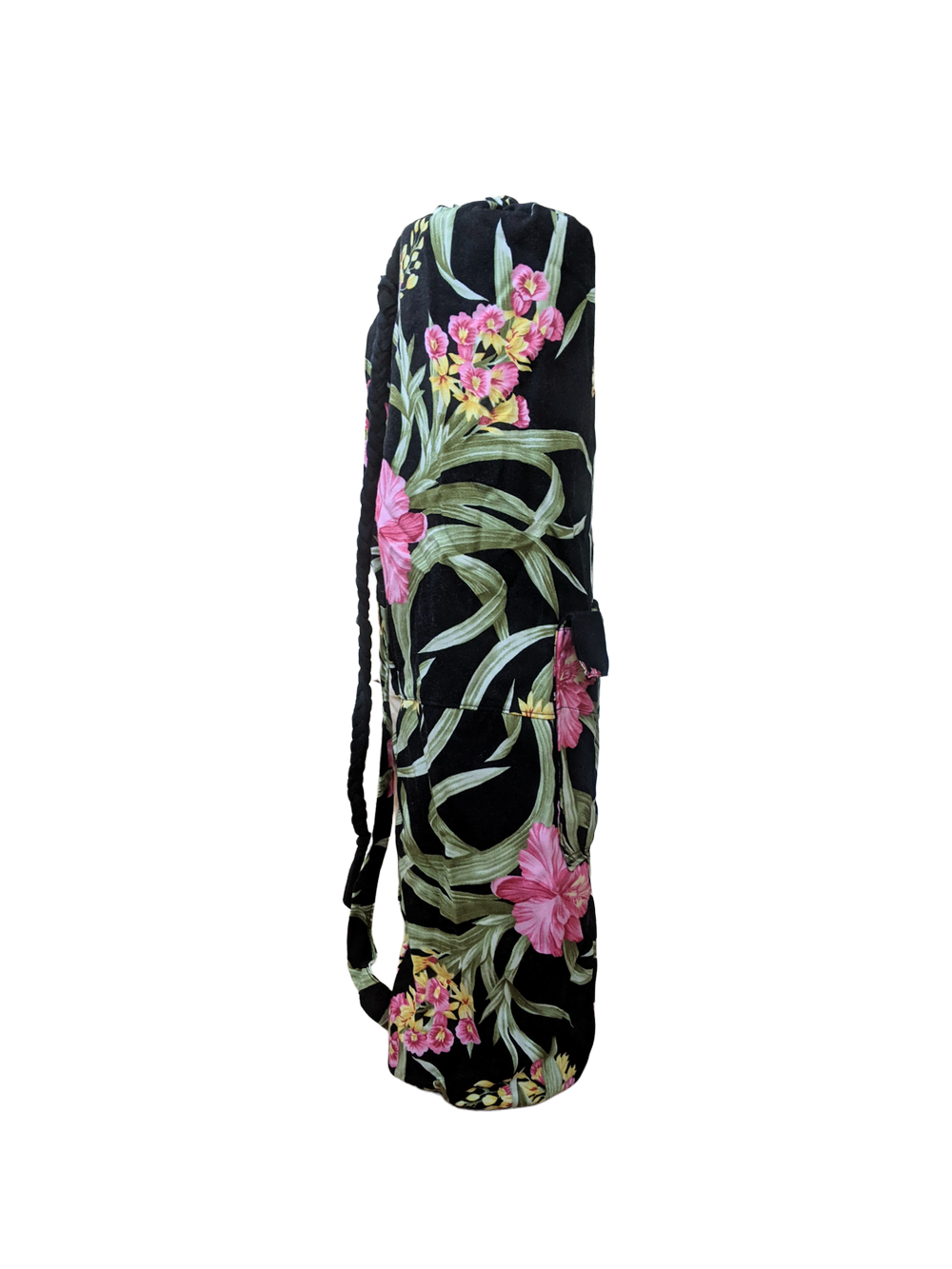 A black yoga bag with pink flowers on it.