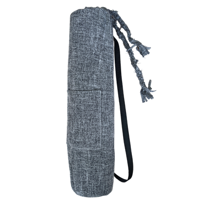 A grey yoga bag with black straps.