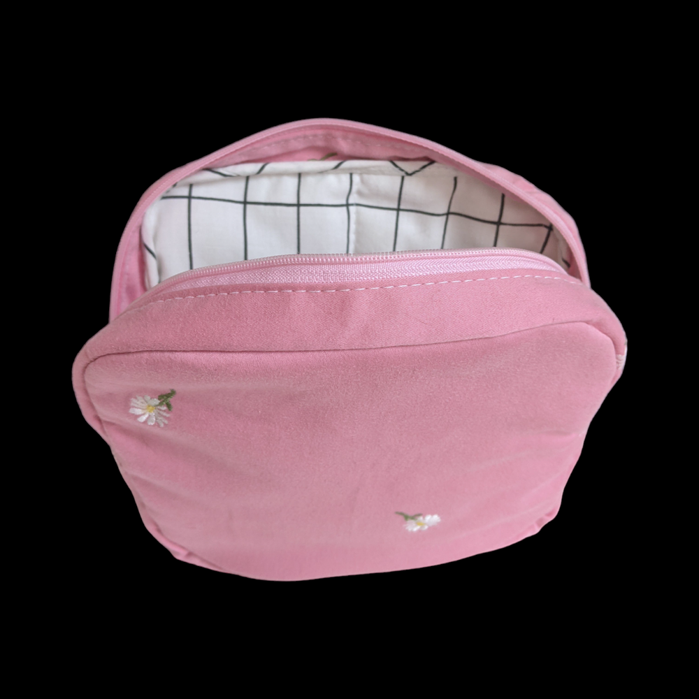 A pink zippered pouch with a checkered pattern.