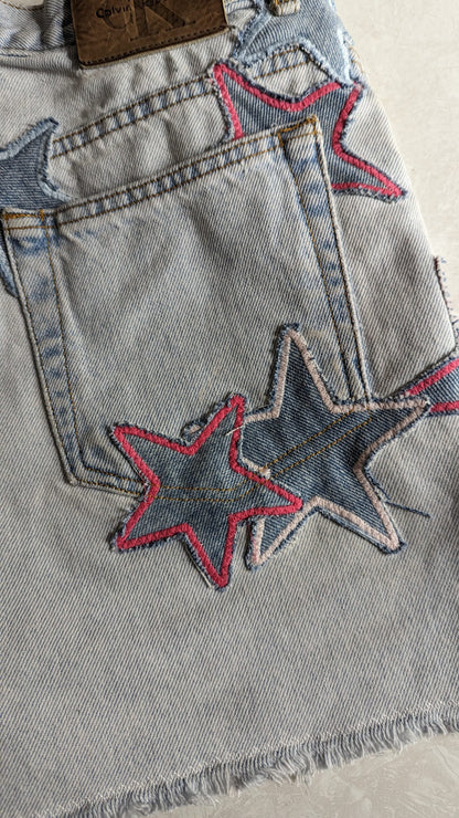 upcycled denim shorts with pink patchwork stars