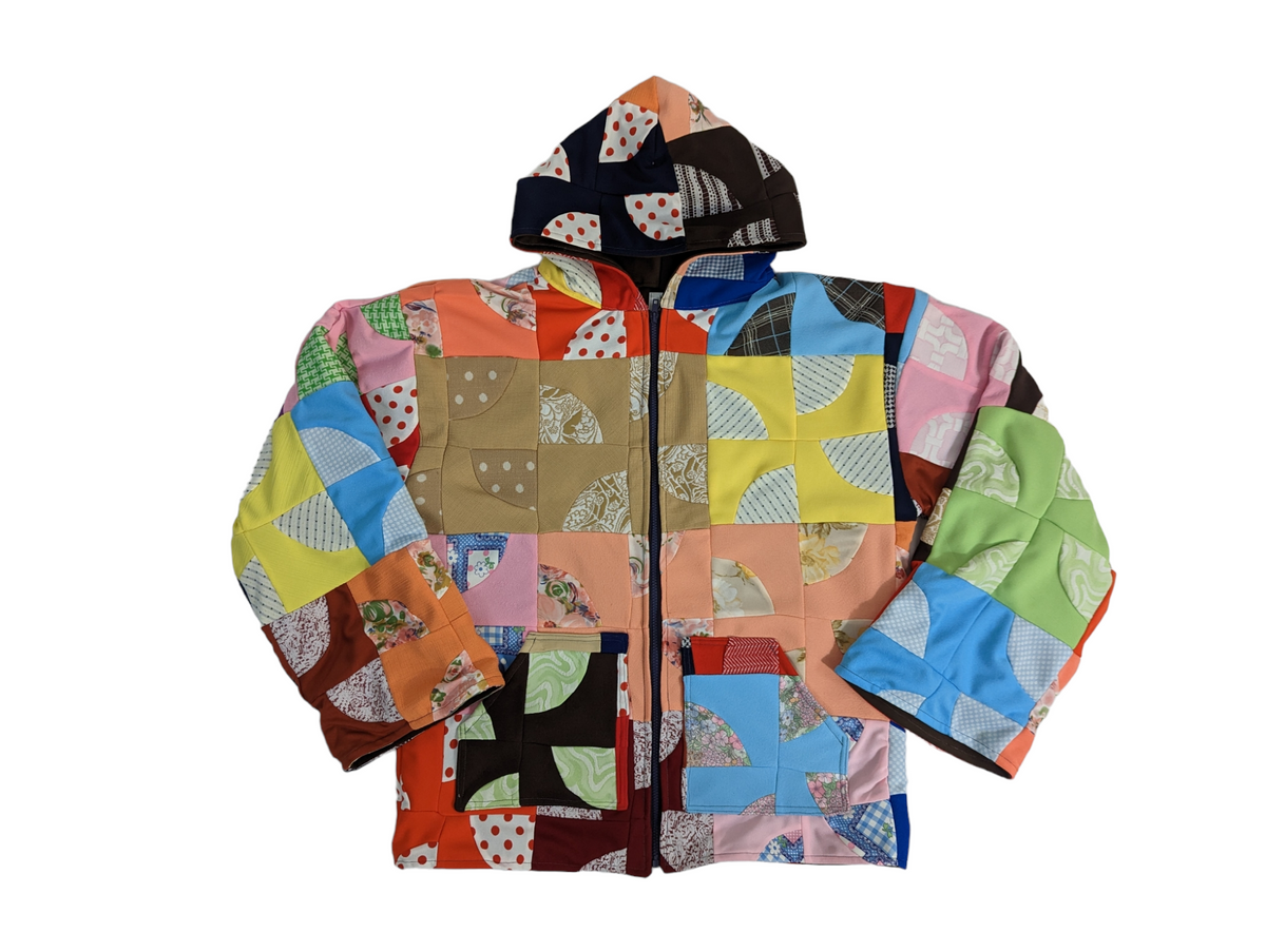 Top view of vintage patchwork quilt jacket.