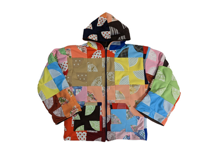 Top view of vintage patchwork quilt jacket.