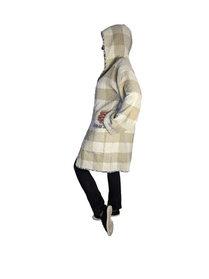 Side view of hooded quilt duster coat.