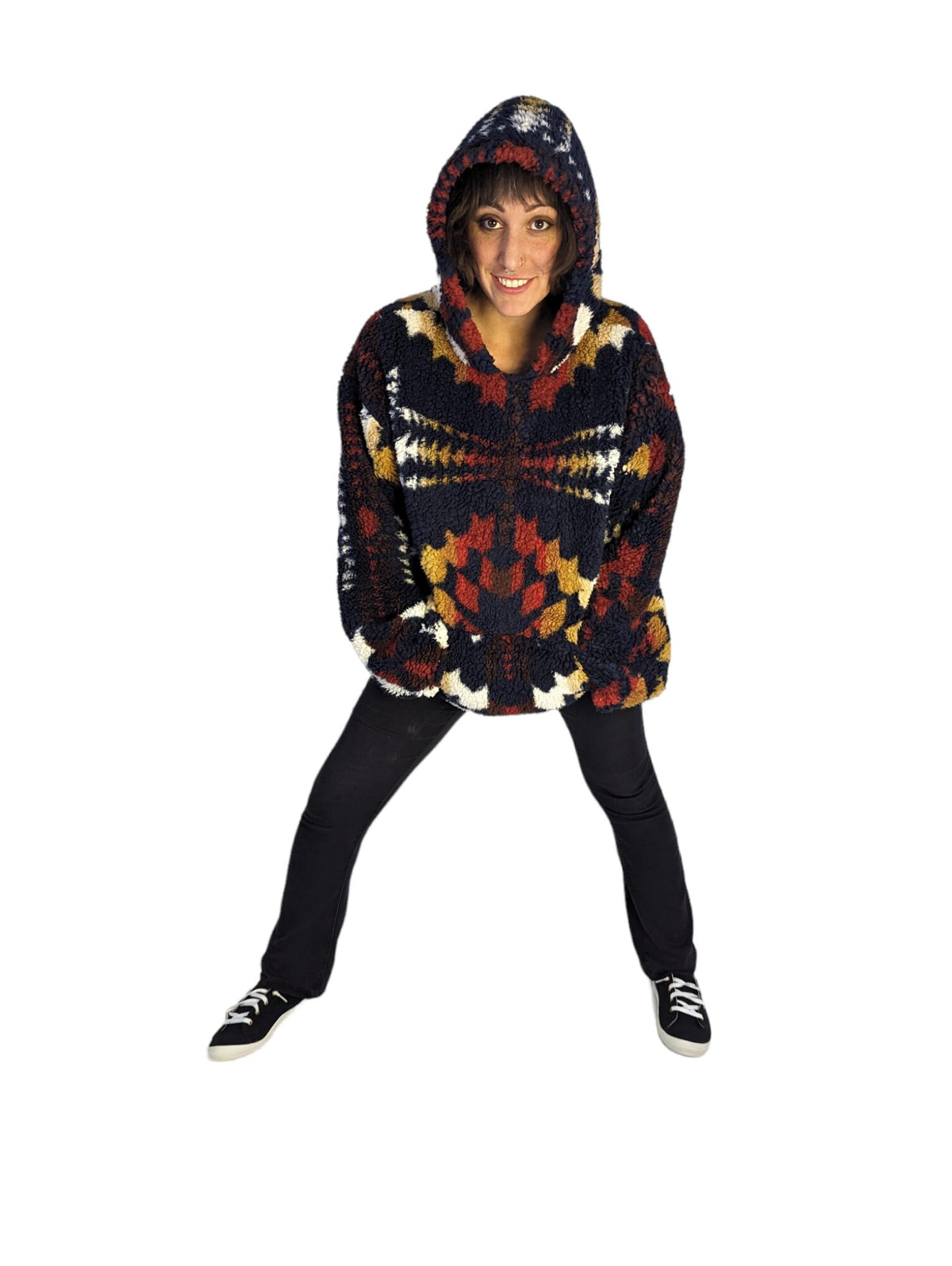 Front view of woman wearing a Pendleton fleece hoodie.