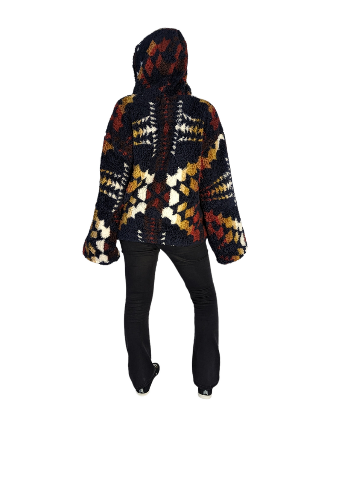 Rear view of model wearing hooded Pendleton fleece jacket.