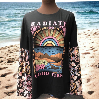 Radiate Good Vibes Ladies Boho Upcycled T-Shirt with Bell Sleeves