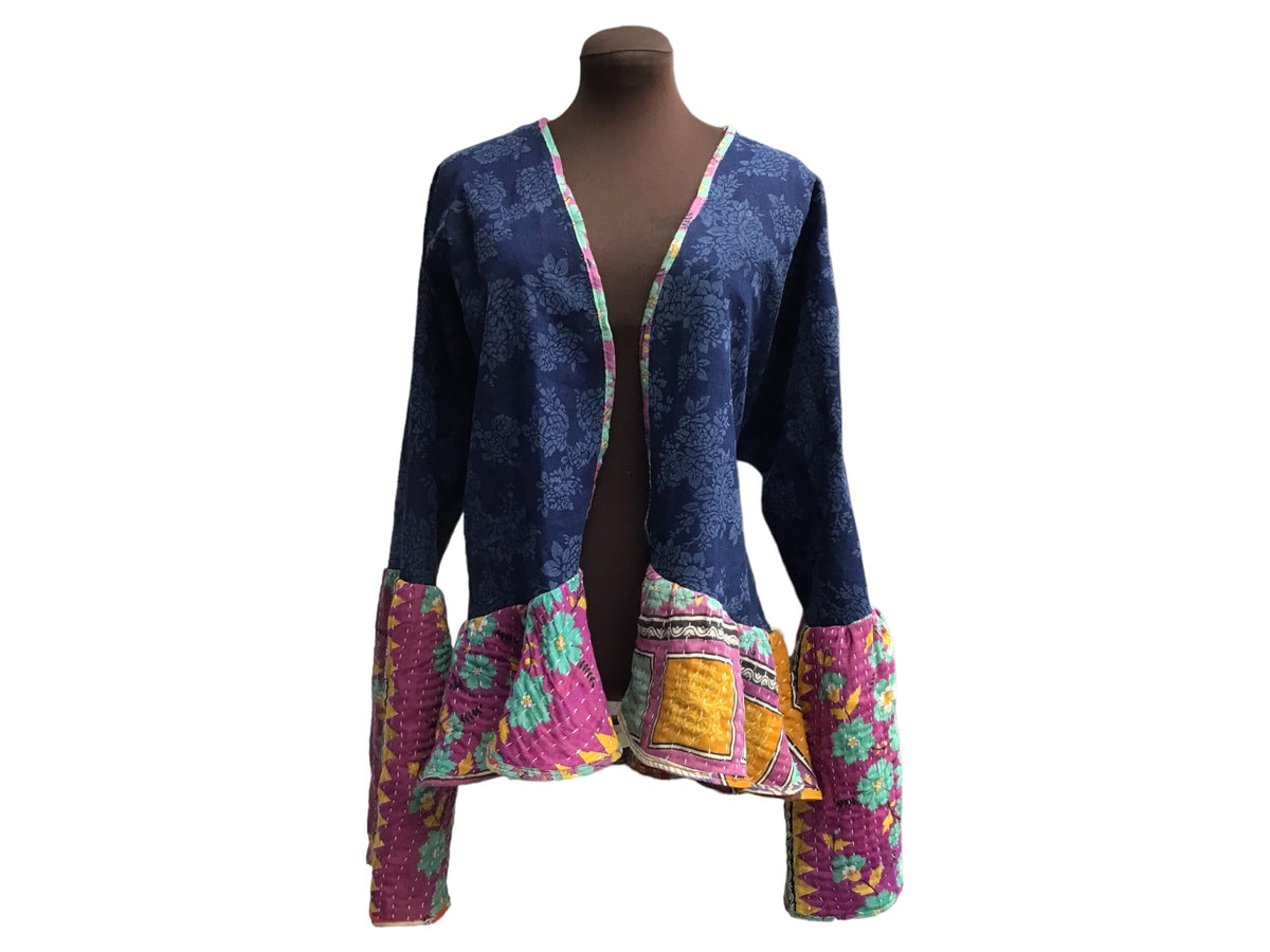 Ladies Boho Denim Kantha Jacket / Size fits XL, XXL, 1X / One of a Kind