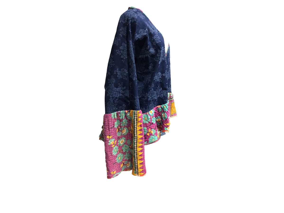 Ladies Boho Denim Kantha Jacket / Size fits XL, XXL, 1X / One of a Kind