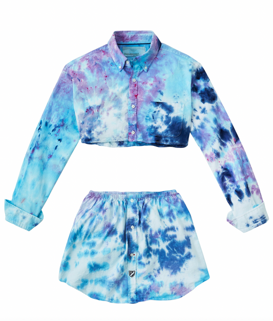 a tie - dyed shirt and shorts are shown.