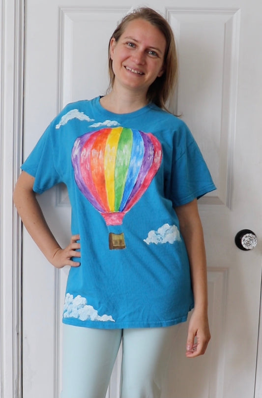 Hand-painted rainbow hot air balloon t-shirt