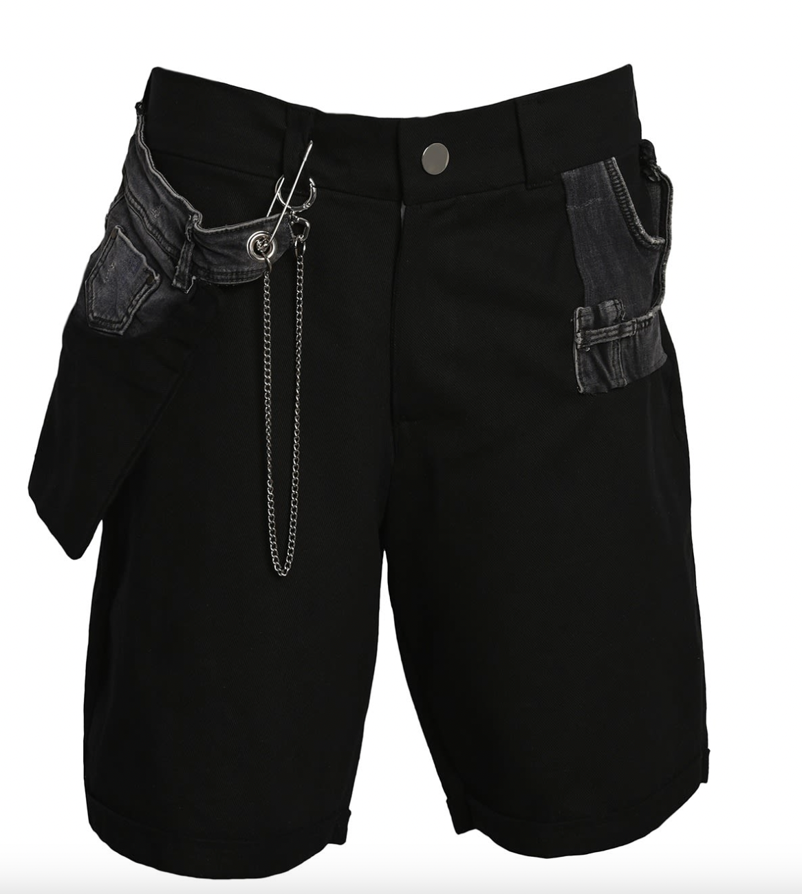 A pair of Bull Denim Up-worked Shorts in black with chains on them.