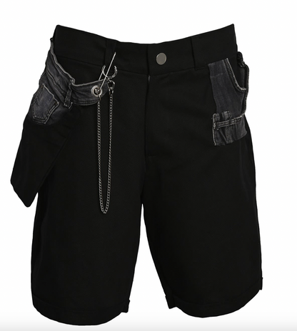 A pair of Bull Denim Up-worked Shorts in black with chains on them.