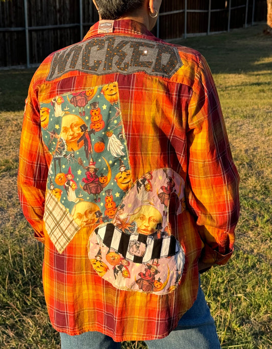 Vintage Wicked Halloween Orange Plaid Shirt