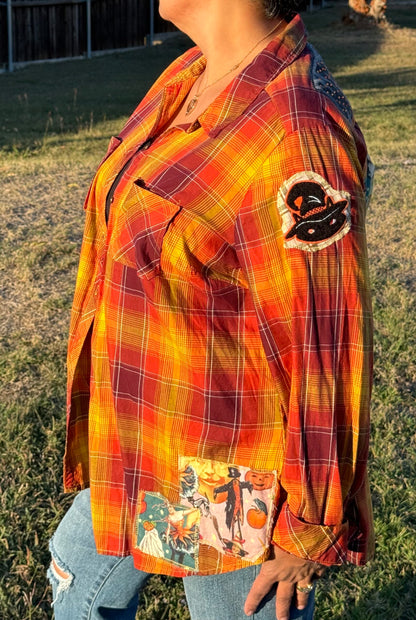 Vintage Wicked Halloween Orange Plaid Shirt