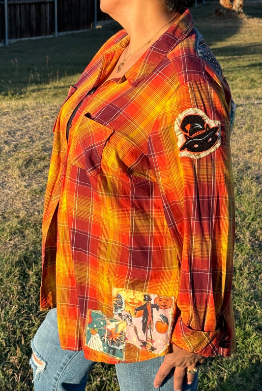 Vintage Wicked Halloween Orange Plaid Shirt