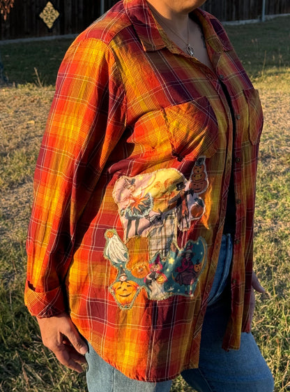Vintage Wicked Halloween Orange Plaid Shirt