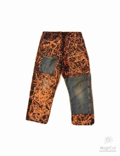 a pair of jeans with a patch on the side.