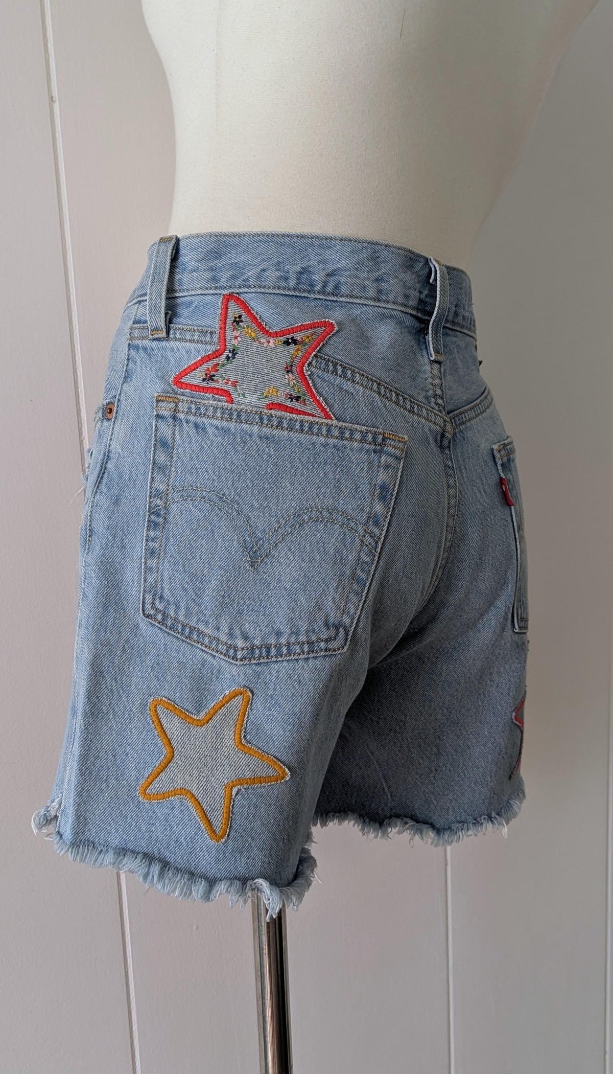 Embroidered Patchwork Star Shorts- Light Wash Distressed Levi's 501