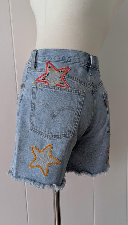 Embroidered Patchwork Star Shorts- Light Wash Distressed Levi's 501