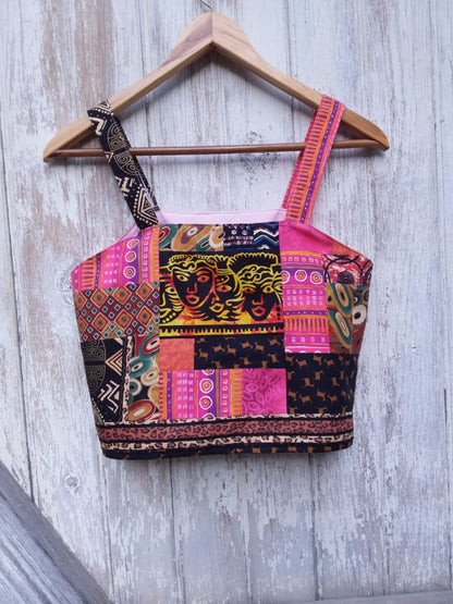 Vibrant upcycled patchwork festival crop top size XS